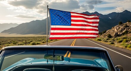 American Road Trip - Convertible Car with US Flag on Scenic Highway.