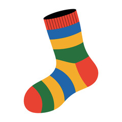 A single, colorful striped sock with red, blue, and green bands rests against a white background.