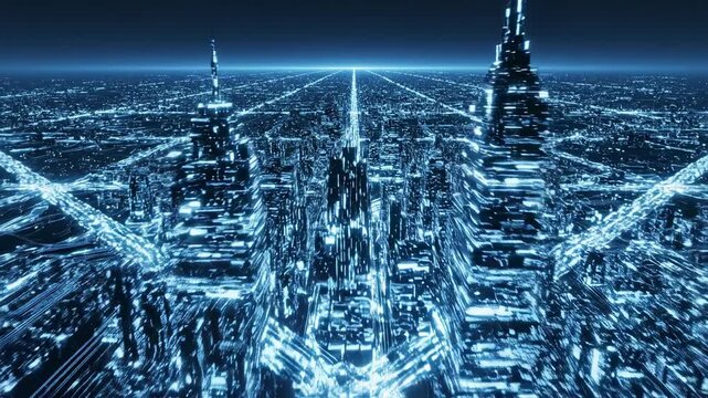 Urban Matrix: An imposing cityscape pulses with digital energy, where towering skyscrapers reach towards a horizon. This futuristic metropolis, a symphony of light and structure.