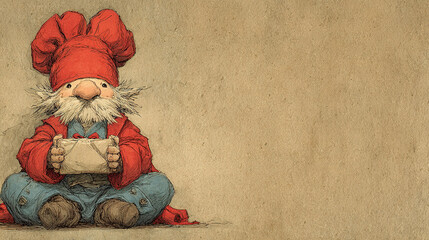 A cartoon gnome with a red hat, holding a small gift, sitting cross-legged.