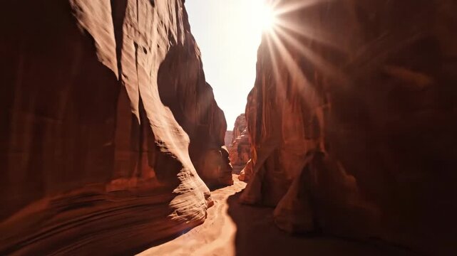 Sunlit Canyon: A breathtaking view showcasing a narrow sandstone canyon. The sun's rays stream in, illuminating the rough texture of the rock formations.