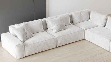  Minimalistic furniture in cloud dancer trend color of the year 2026. White interior design scene with white sofa and wall. Accent cushions as decorative details. Elegant style. 3d render