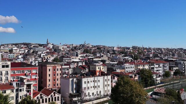 Istanbul Turkey T&uuml;rkiye aerial drone cityscape morning blue sky sunny Blue Mosque synagogue temple landscape cityscape skyscrapers white buildings Fatih Yenikapı Port Bosphorus Strait birds upwards