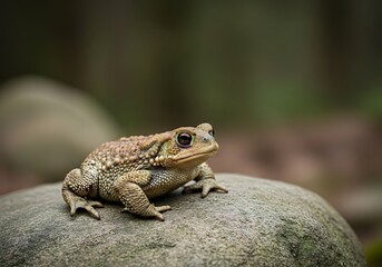 American Toad Resting on a Rock in a Forest Environment.