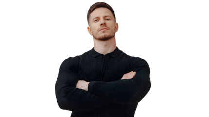Confident young man with arms crossed wearing a black textured polo shirt against a on transparent background