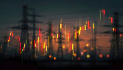 Abstract representation of fluctuating energy prices and market trends overlaid on a silhouette of high voltage power transmission towers against a twilight sky