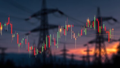 Abstract representation of financial market fluctuations and stock trading trends overlaid on a dramatic twilight sky with industrial power line silhouettes