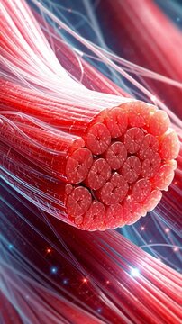 Medical hologram health technology longevity biohacking muscular fiber fascicle neuron tissue anatomy biomedical microscopic red vascular network glowing threads revealing cellular structure