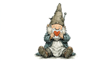 Whimsical gnome holding a heart-shaped object, smiling happily.