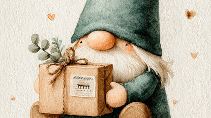 Cute gnome holding a wrapped gift with greenery, surrounded by tiny hearts.