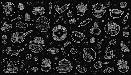 Hand-Drawn Cooking Utensil Pattern on Black Background