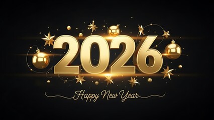 Golden 2026 Happy New Year celebration with shiny ornaments