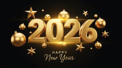 Golden 2026 New Year celebration with shiny ornaments and stars