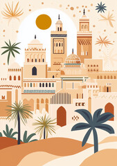 Vibrant travel poster of Marrakesh Medina with colorful souks intricate tiles palm trees and historic mosque under a golden sky. Minimalist vector illustration with rich detail for tourism and decor.