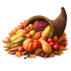 Thanksgiving cornucopia horn of plenty with harvest vegetables isolated on transparent background