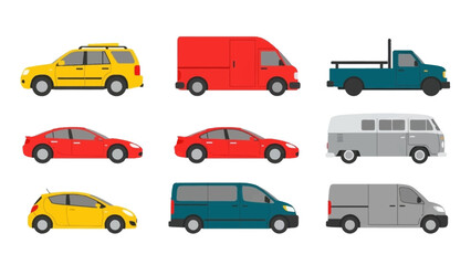 Fototapeta premium Collection of various vehicle types, including cars, vans, and trucks, depicted in a flat design style on a white background