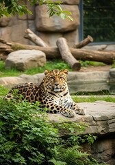 Amur Leopard Resting on Rock in Natural Habitat.
