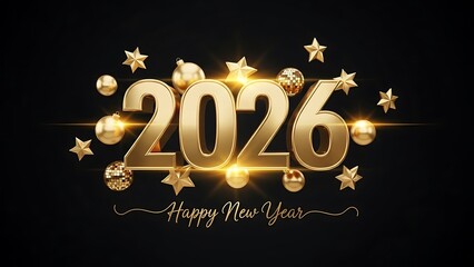 Golden 2026 New Year celebration with shiny stars and orbs