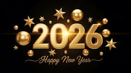 Golden 2026 Happy New Year celebration with shiny stars and spheres