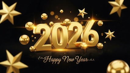 Golden 2026 Happy New Year celebration with stars and spheres