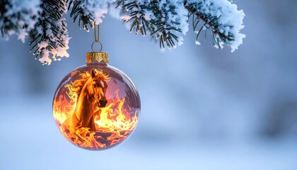 Year of the horse 2026 concept. Ornament ball with fiery blazing horse inside hanging on a snow powdered fir tree branch with copy space. light