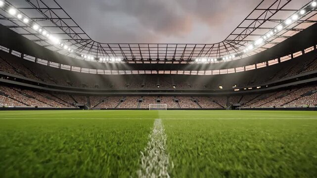 Low angle view of a large, modern soccer stadium pitch with bright floodlights under a dramatic sky, 4k high quality video