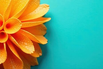 Close-up, bumpy orange peel texture on bright teal background, vivid, color, zest