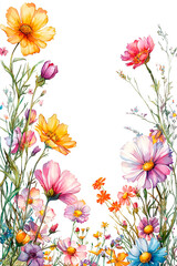 Ilustraci&oacute;n de marco floral con flores rosas de cerezo y hojas verdes estilo acuarela 