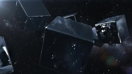 Futuristic Abstract Metallic Cubes Floating and Rotating in Dark Space with Stars and Light Flares - Powered by Adobe