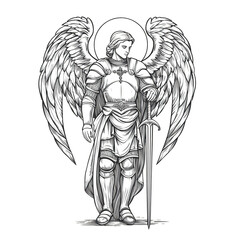 Obraz premium Ilustración estilo boceto de un ángel guerrero (Arcángel Miguel) con alas, armadura y espada sagradas. Diseño para tatuaje.