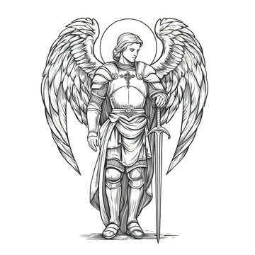 Ilustraci&oacute;n estilo boceto de un &aacute;ngel guerrero (Arc&aacute;ngel Miguel) con alas, armadura y espada sagradas. Dise&ntilde;o para tatuaje.