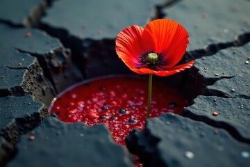 Crimson poppy erupts from asphalt fissure, vibrant against gray , photography, wild