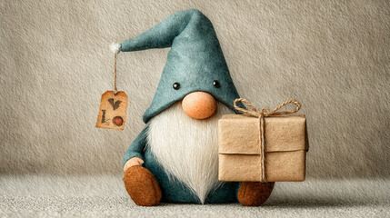 Cute gnome doll holding a gift with a love tag and wearing a hat.