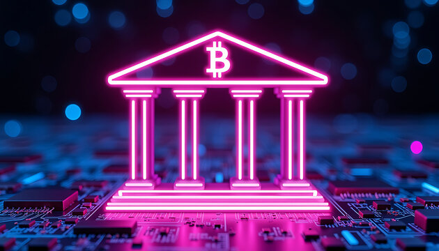 Neon Bitcoin Bank Icon on Circuit Board Representing Crypto Banking - Powered by Adobe