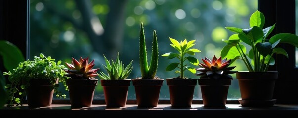 Dark silhouettes of various houseplants and succulents in pots , workspace, image, design