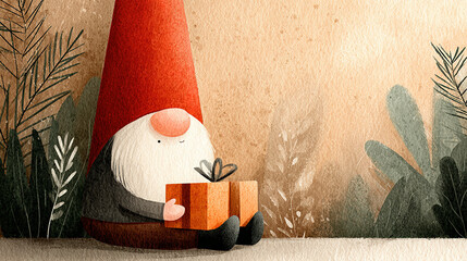Cute gnome holding a gift, sitting among plants against a light background.