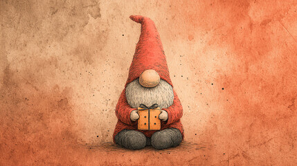 Cute gnome in a red hat holding a gift against textured background.