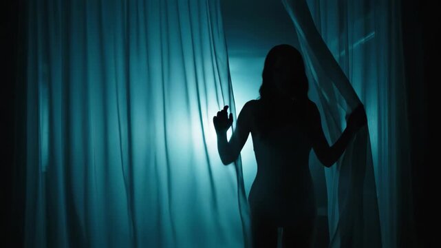 Silhouette of a woman behind sheer blue curtains in a dark room, 4k high quality video