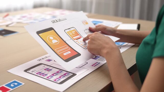 Startup company employee planning for user interface prototype for mobile application or website in office with model of program on desk. UX UI designer consider user friendly interface plan. Synergic