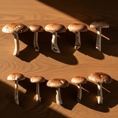 Amanita mushrooms in sunlight on a wooden surface.