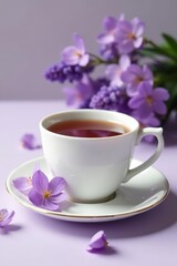 Delicate lavender blossoms adorn a pristine white teacup and saucer , white, summer