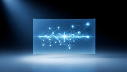 Blue glowing network connections on a translucent screen in a dark room with spotlight