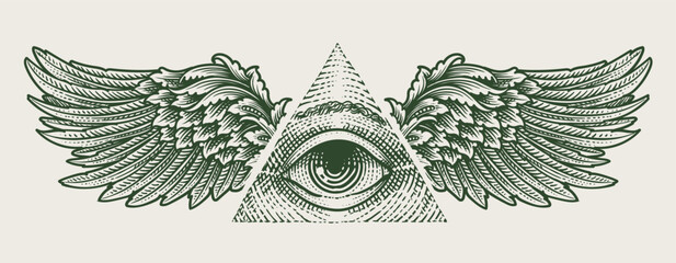 Vintage Engraving Vector Illustration of Winged All Seeing Eye within Triangle Masonic Symbol