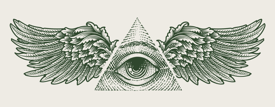 Vintage Engraving Vector Illustration of Winged All Seeing Eye within Triangle Masonic Symbol