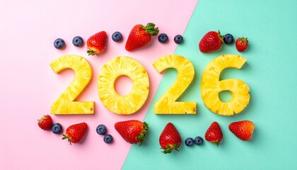 Fruit numbers 2026 with vibrant pastel background…