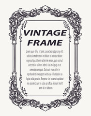 Vintage border frame engraving with antique floral ornament pattern.