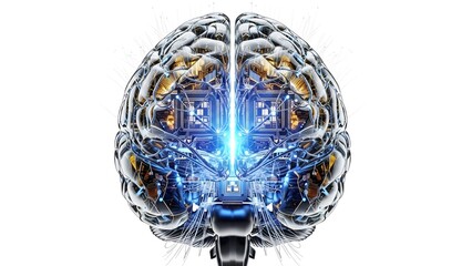 A futuristic brain with circuit boards and glowing blue light, symbolizing artificial intelligence and technology