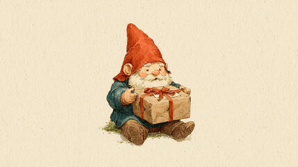 Cute gnome holding a gift, sitting with a cheerful expression.