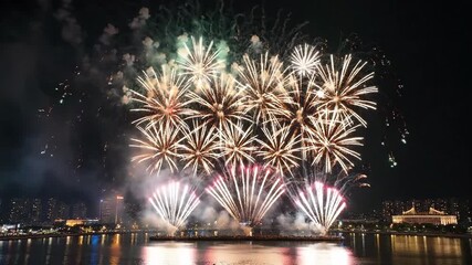 A breathtaking nocturnal pyrotechnic spectacle illuminating the cityscape and reflecting vibrantly across the tranquil water during an enchanting