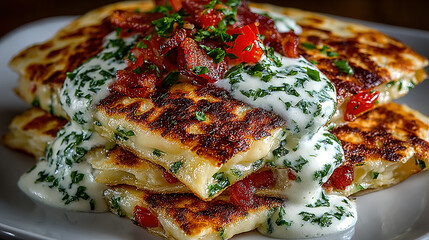 layered cheesy pasta with herbs, tomato sauce, and creamy topping.